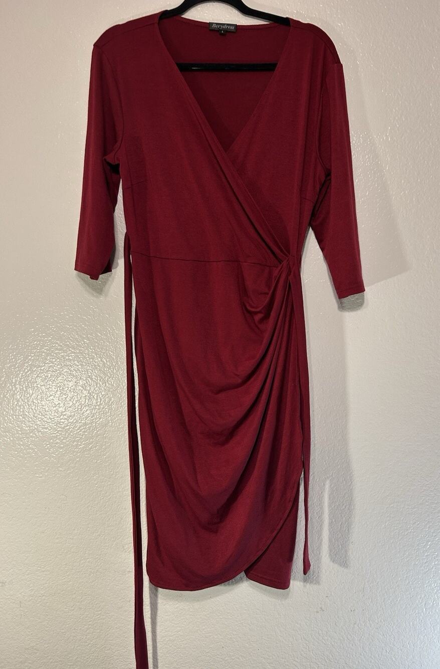 Berydress Red Wrap Dress Size L Ruched Side V-Neck 3/4 Sleeve